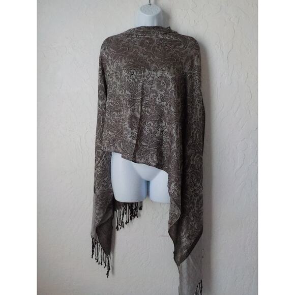 Time and Tru Brown Cream Paisley Wrap Scarf with Tassels 75x27" Soft Rayon Blend - Picture 1 of 8